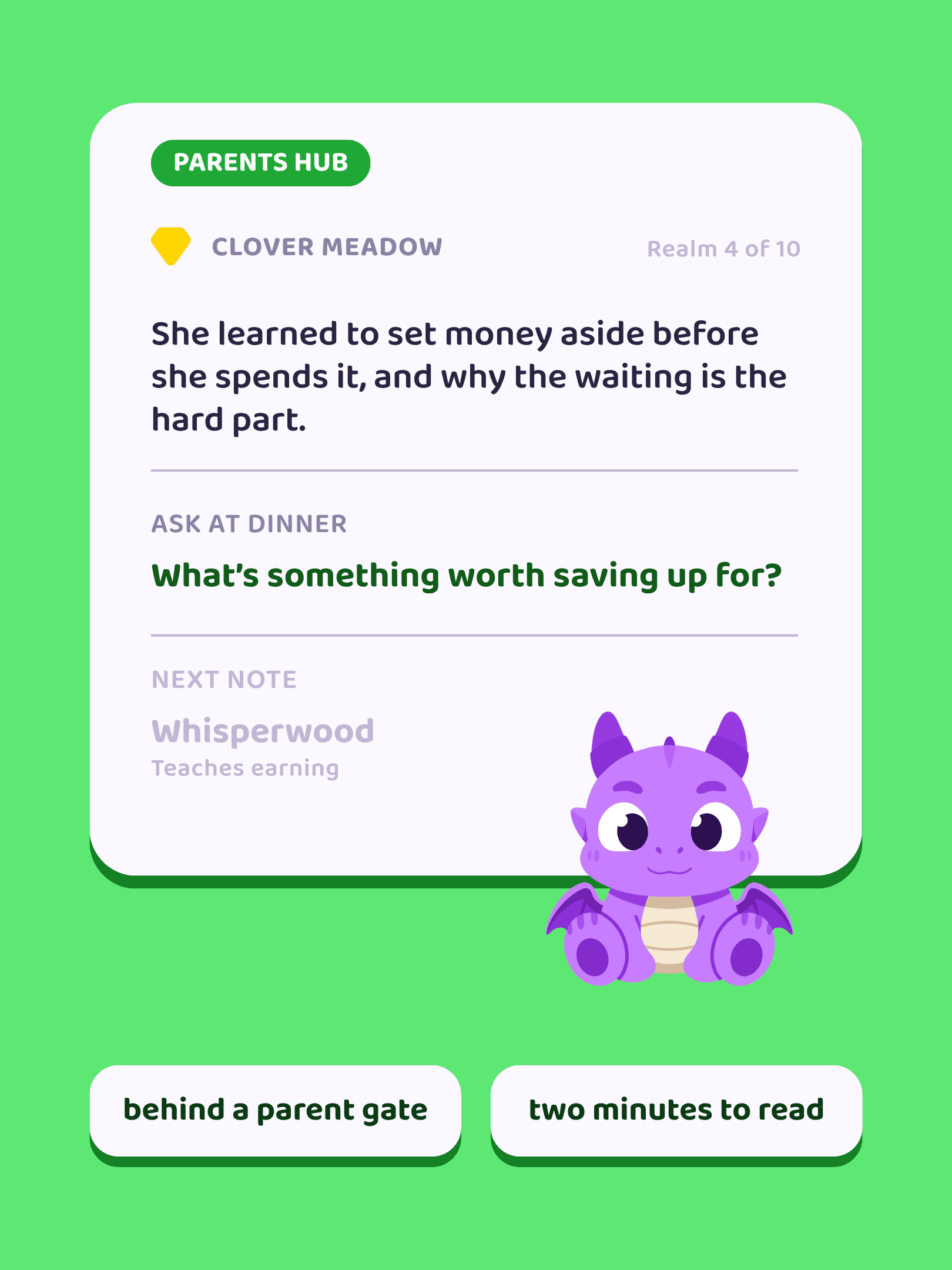 A Parent Hub note in Wealthii Kids: what your child learned this realm and one question to ask at dinner.